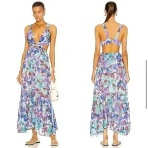 PATBO Blossom Cutout Midi Maxi Dress XS Floral V Neck Plunge $750 Purple Blue